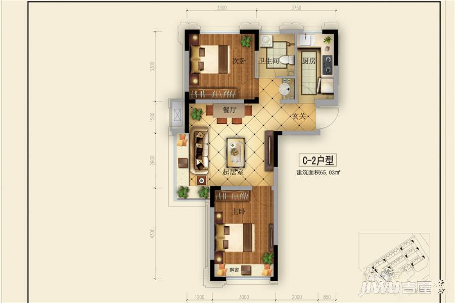 中瑞北欧云墅2室2厅1卫65㎡户型图