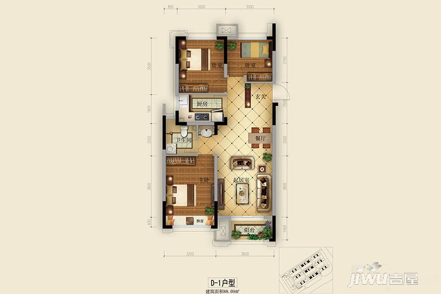 中瑞北欧云墅3室2厅1卫88.1㎡户型图