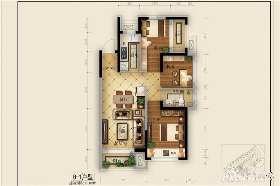 中瑞北欧云墅3室2厅1卫88.8㎡户型图