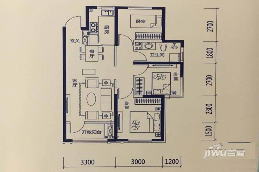 中海城和颂3室2厅1卫95㎡户型图