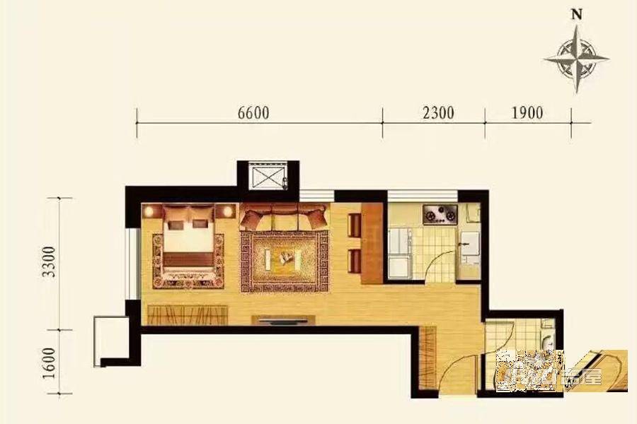 保利达大象公寓1室1厅1卫48.6㎡户型图