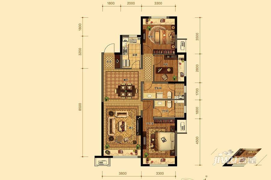 金地名悦3室2厅2卫120㎡户型图