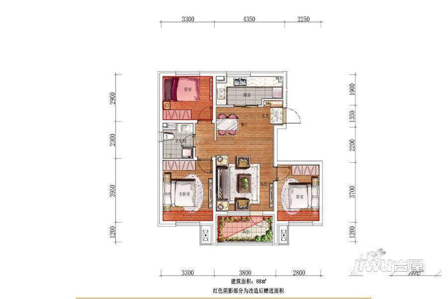 万科翡翠公园3室2厅1卫88㎡户型图