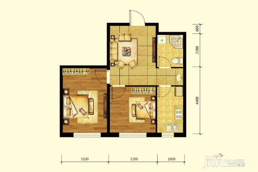 雷凯铂院2室1厅1卫62.1㎡户型图