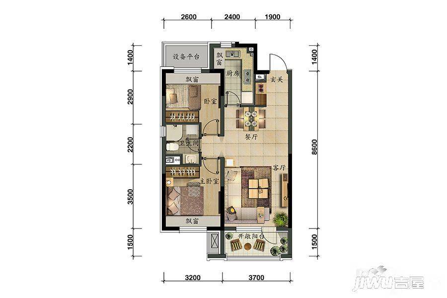 万科四季公园2室2厅1卫84㎡户型图