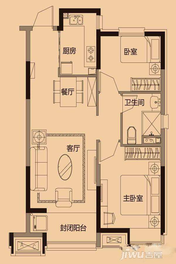 恒大盛京印象2室2厅1卫88㎡户型图