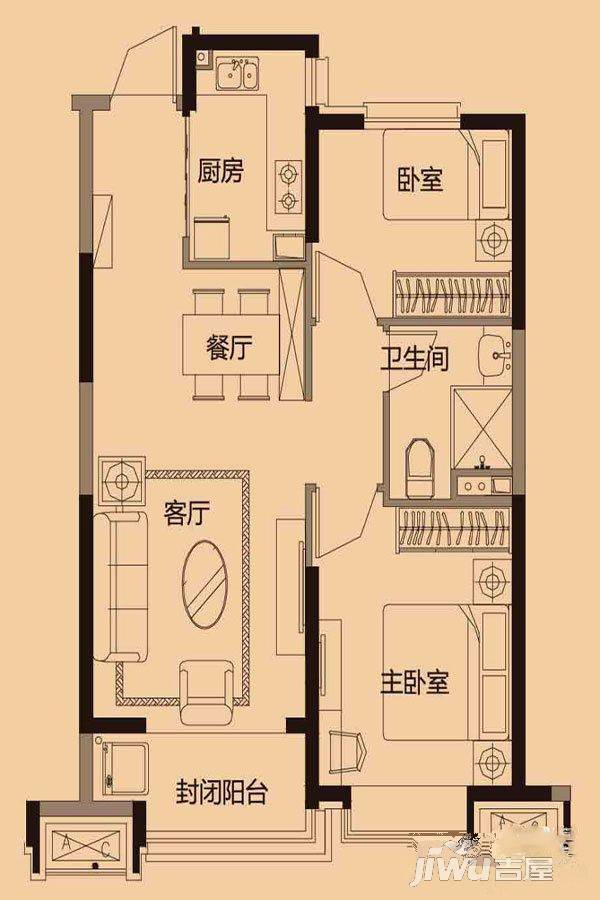 恒大盛京印象2室2厅1卫90㎡户型图