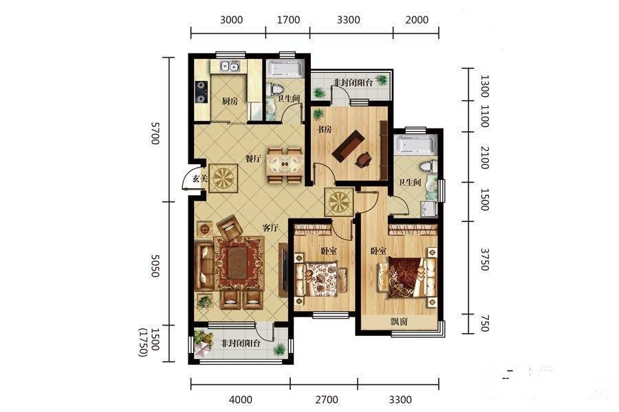 富禹依云美域3室2厅2卫115㎡户型图