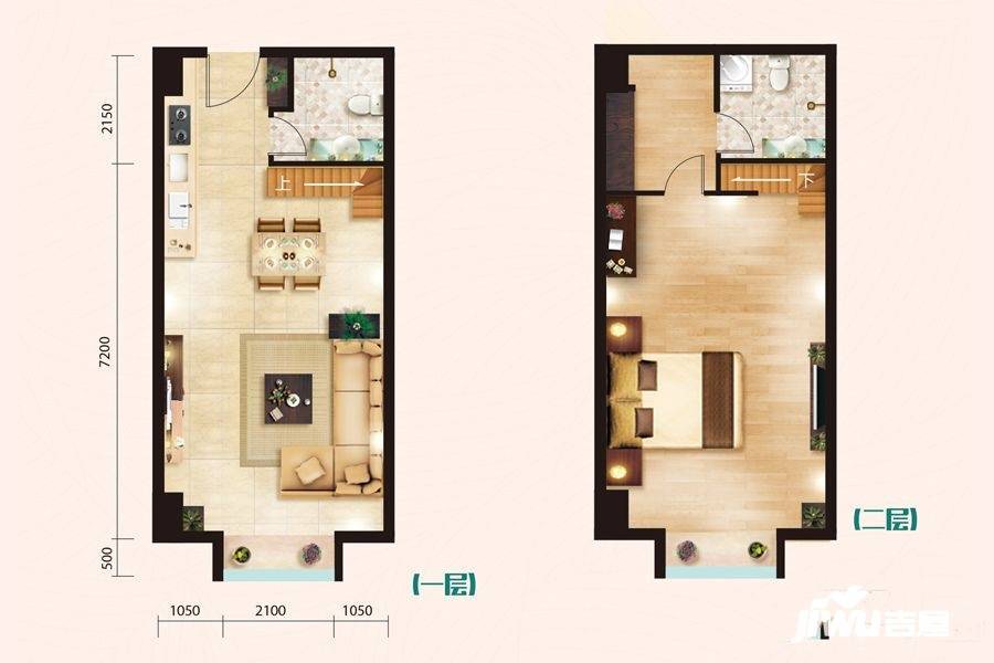 佳华国际大厦1室2厅2卫53.1㎡户型图