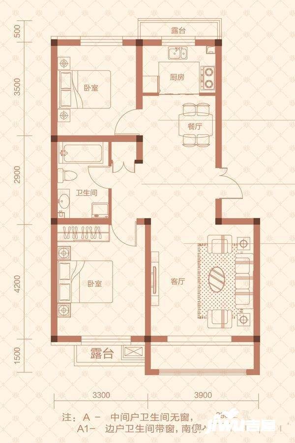 美域天成2室2厅1卫85㎡户型图