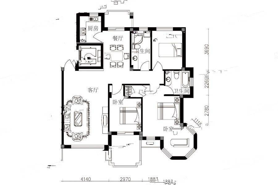 米拉春天3室2厅2卫128㎡户型图