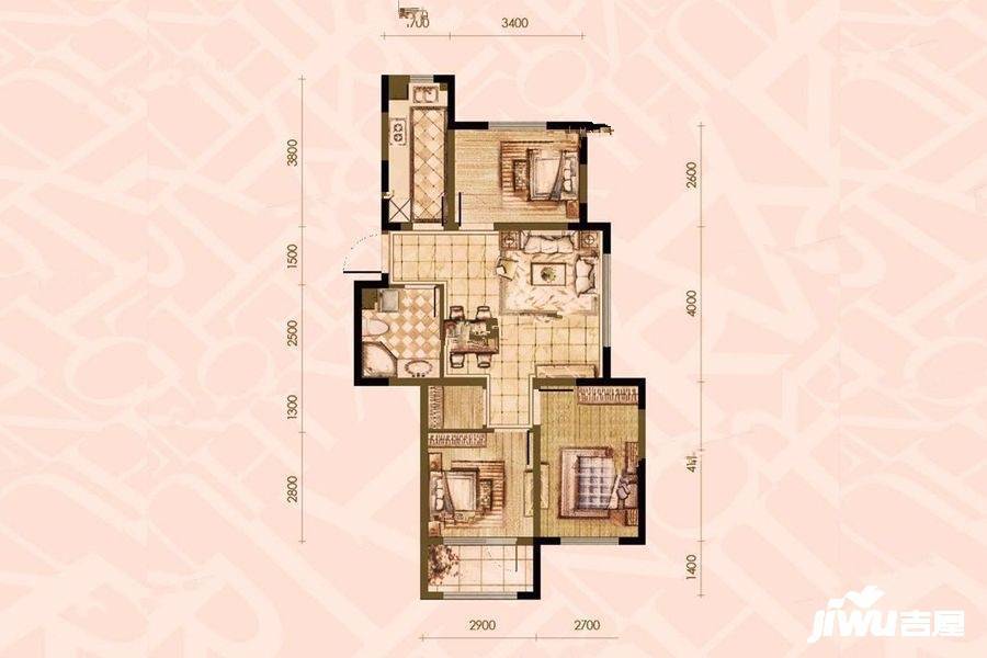 新湖国际3室2厅1卫87.9㎡户型图