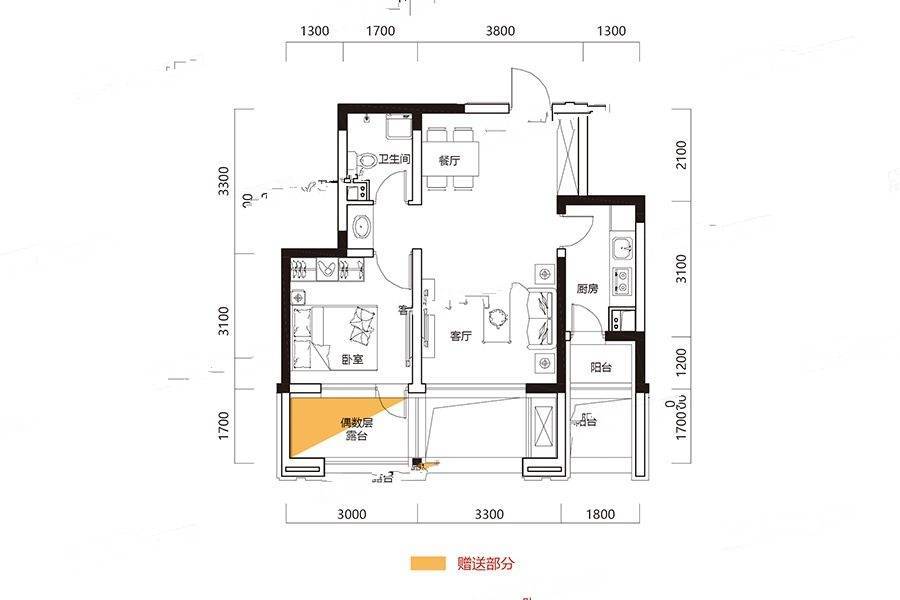 东方银座自贸柏林城1室2厅1卫59.9㎡户型图