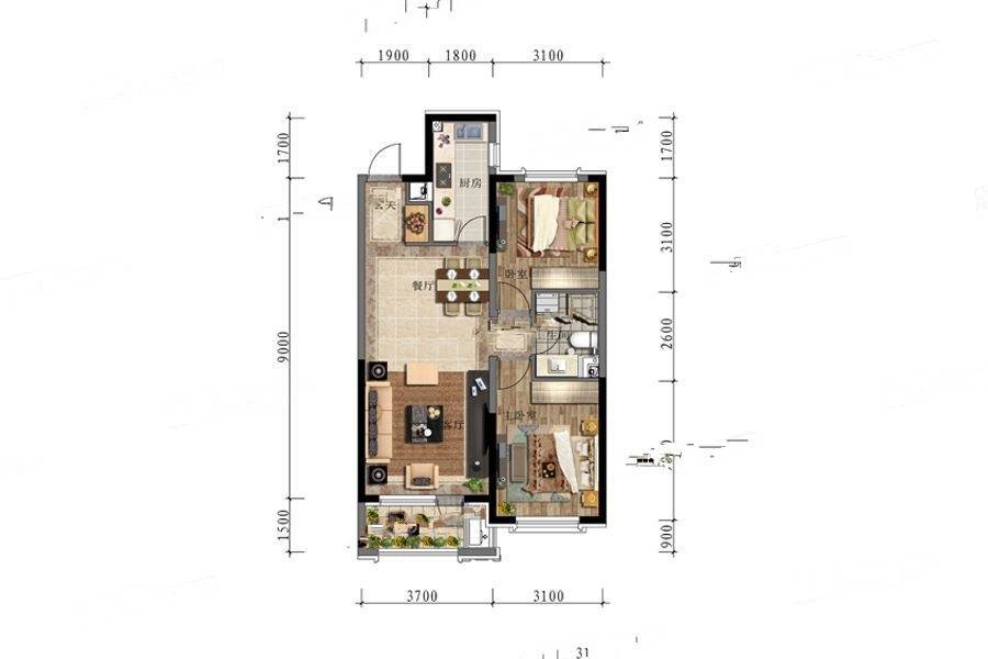 中海城和颂2室2厅1卫85㎡户型图