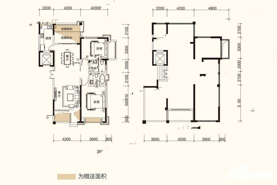 粤泰天鹅湾2室2厅2卫134㎡户型图