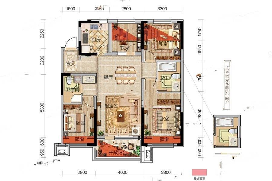 金辉优步湖畔4室2厅2卫115㎡户型图