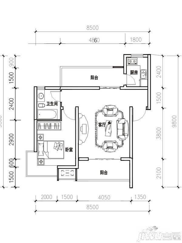 立立依山郡1室1厅1卫54.2㎡户型图