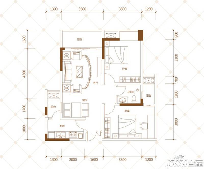 荣润凯旋名城2室2厅1卫81.3㎡户型图