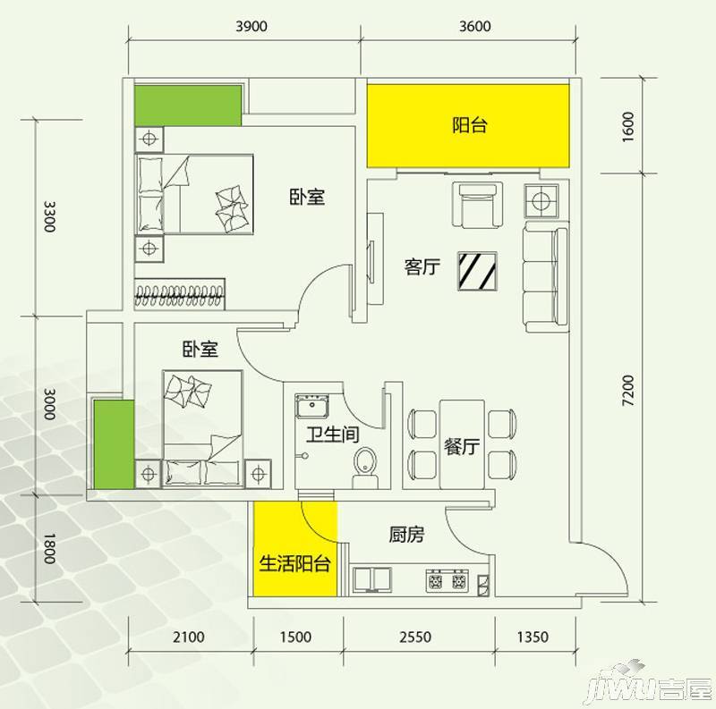 千山美林2室2厅1卫67㎡户型图