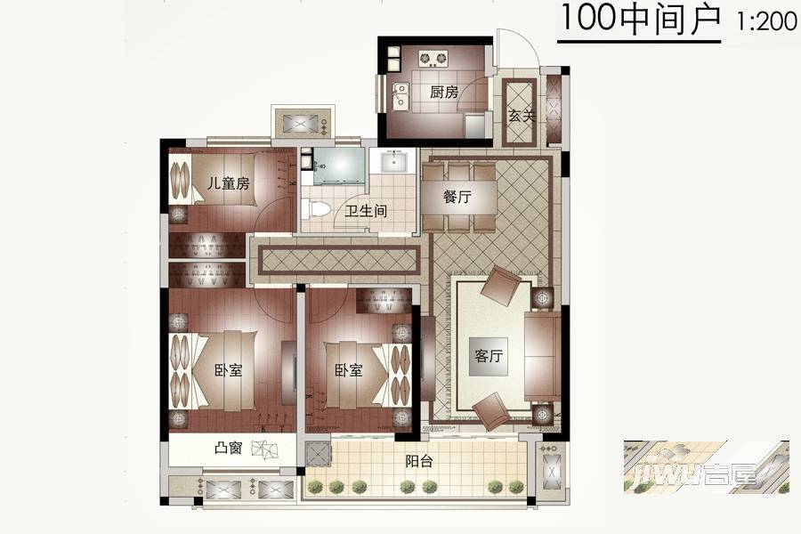 亚新美好艺境3室2厅1卫100㎡户型图