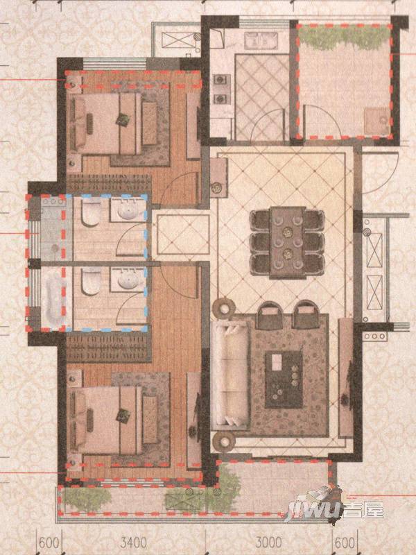 现代君苑3室2厅2卫89㎡户型图