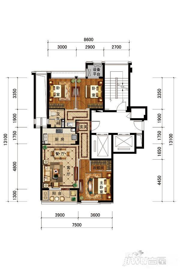 绿城风华园3室2厅1卫98㎡户型图