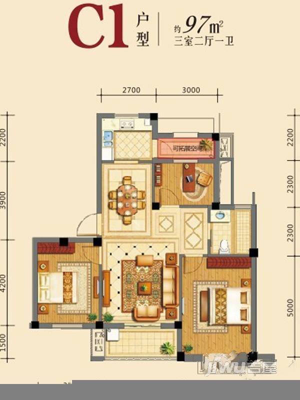 伊顿华府3室2厅1卫97㎡户型图