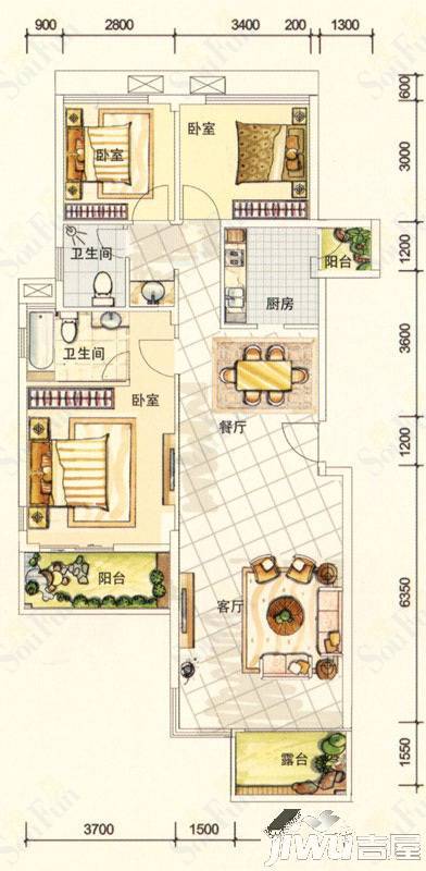 澳然天成3室2厅2卫107.5㎡户型图