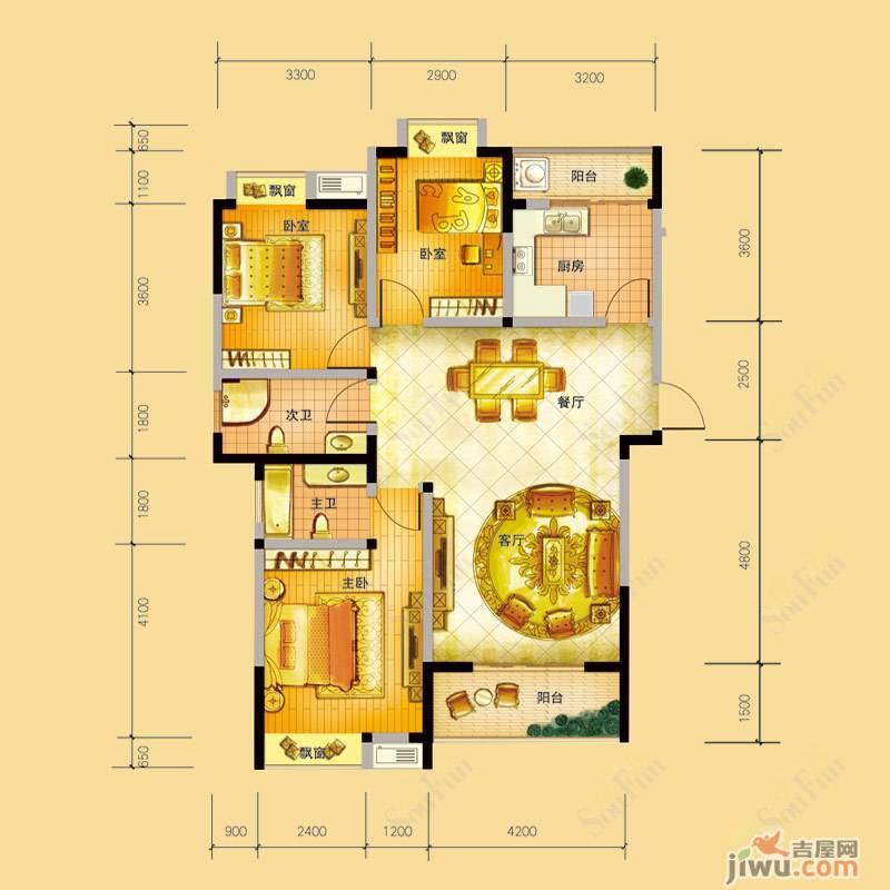 世纪华庭3室2厅2卫119㎡户型图