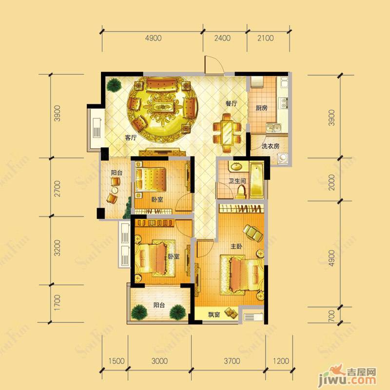 世纪华庭3室2厅1卫103.6㎡户型图