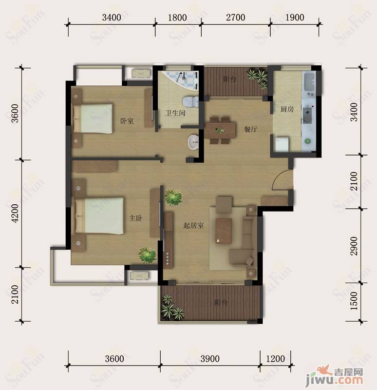 地大橡树园2室2厅1卫90㎡户型图