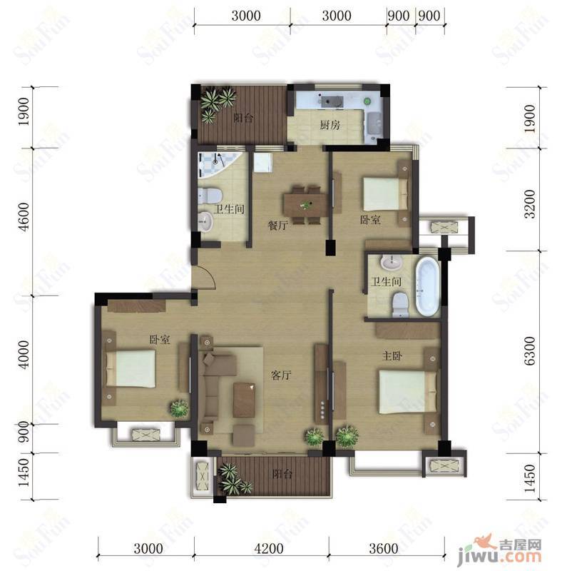 地大橡树园3室2厅2卫113㎡户型图