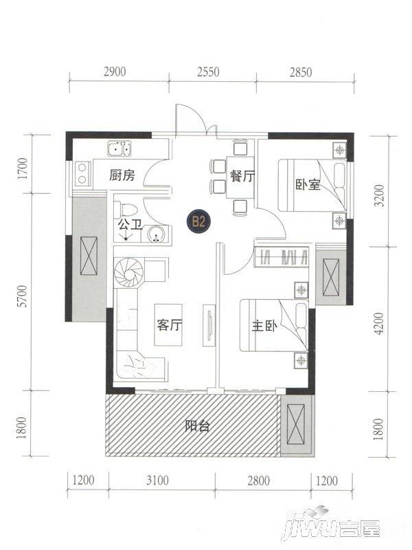 正鼎澜天2室2厅1卫70㎡户型图