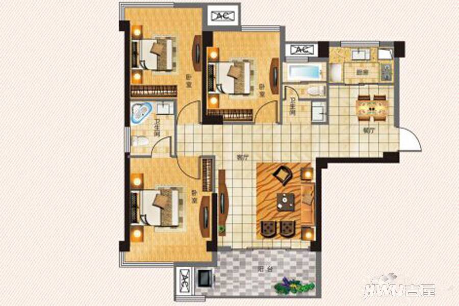 锦福家园3室2厅2卫104.4㎡户型图