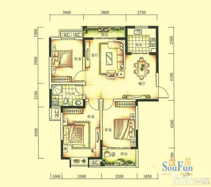 万福·君临天下3室2厅1卫114.8㎡户型图