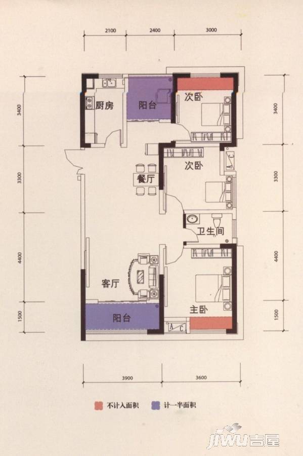 瑞泰心里城3室2厅1卫108㎡户型图