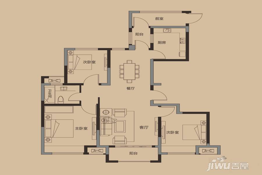 绿地中央广场3室2厅1卫118㎡户型图