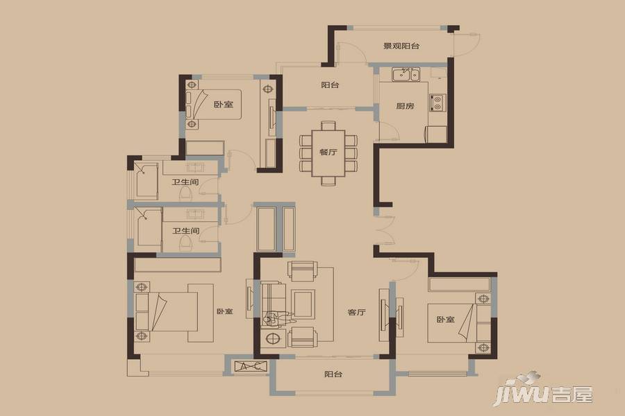 绿地中央广场3室2厅2卫138.3㎡户型图