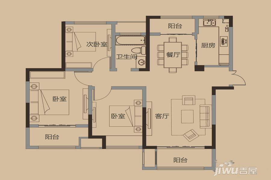 绿地中央广场3室2厅1卫110.9㎡户型图