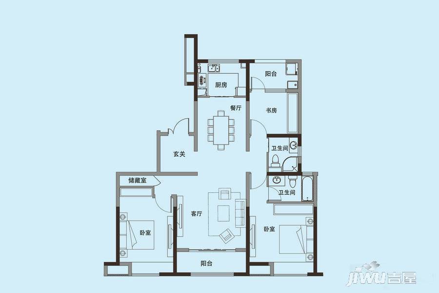 绿地中央广场3室2厅2卫133.4㎡户型图