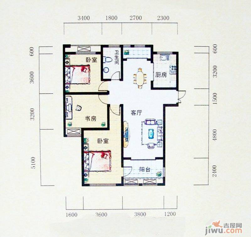 新新尚层3室2厅1卫129㎡户型图