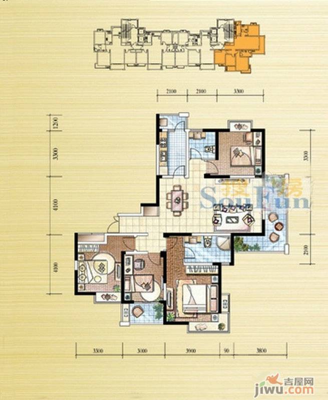 绿地国际花都3室2厅2卫154.6㎡户型图