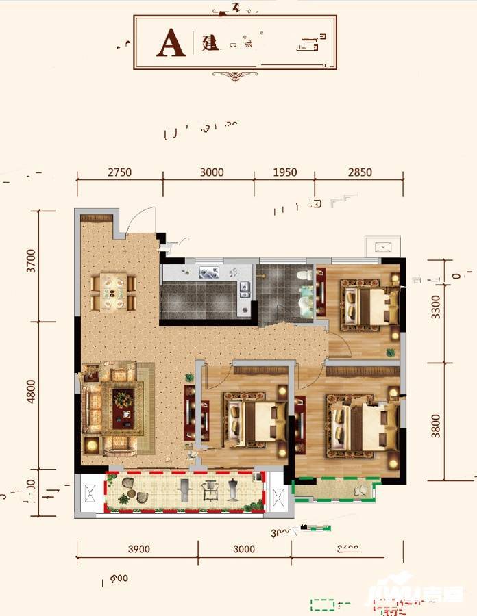 拓基鼎元学府3室2厅1卫100㎡户型图