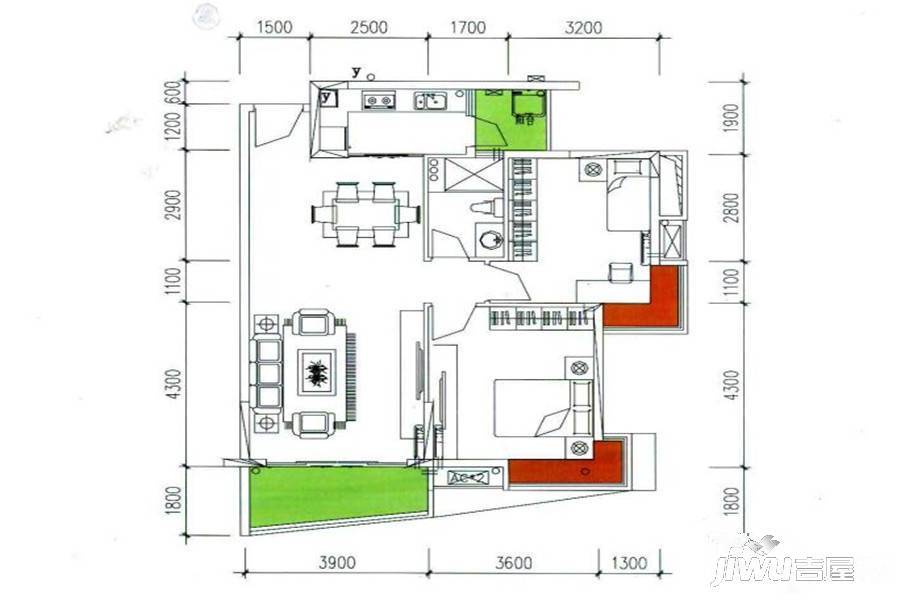 香江紫钻2室2厅1卫92.6㎡户型图