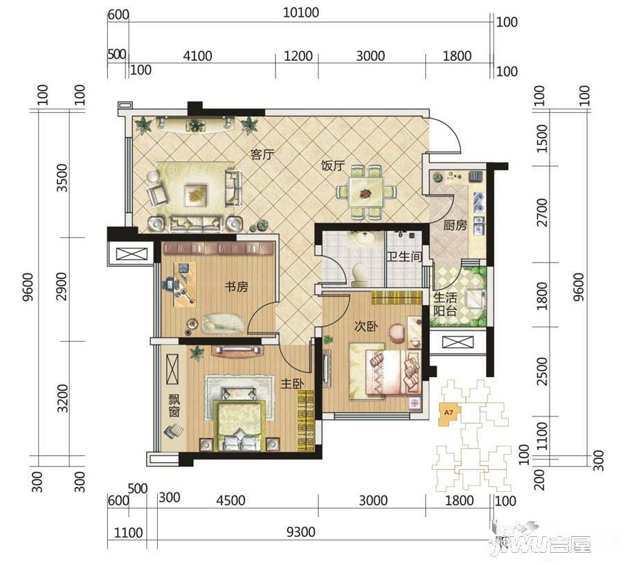 中成主角3室2厅1卫89.9㎡户型图