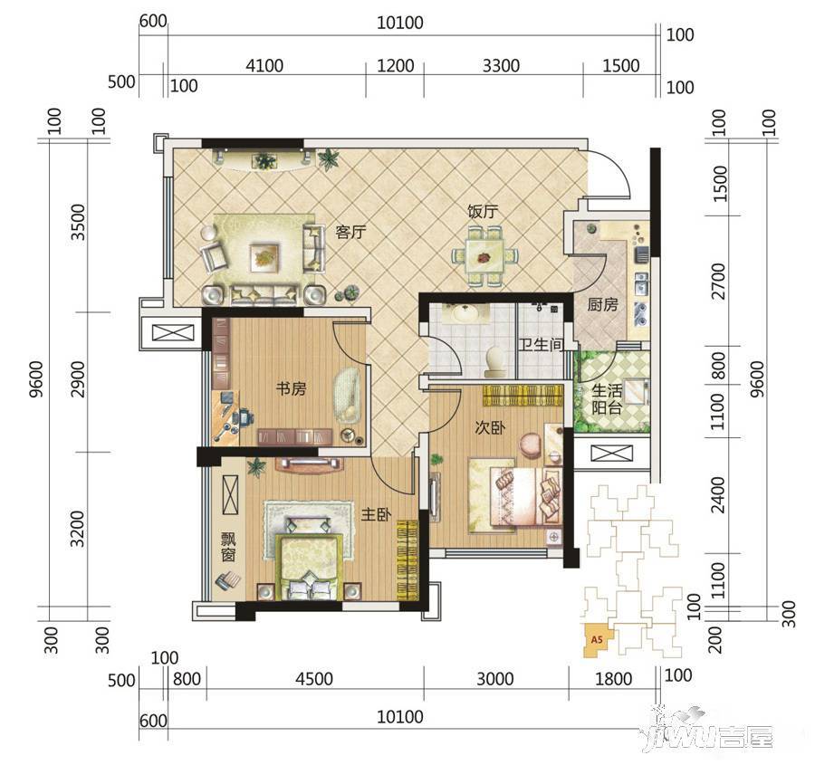 中成主角3室2厅1卫89.9㎡户型图