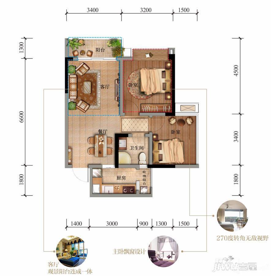 蓝光金悦金沙2室2厅1卫68㎡户型图