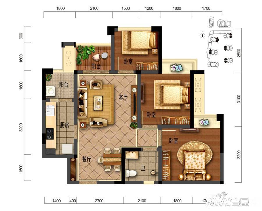 华宇西城雅郡商铺3室2厅1卫74㎡户型图