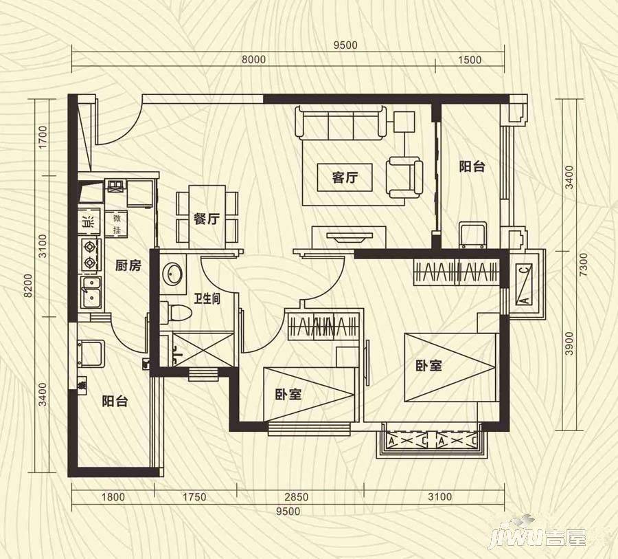 恒大曹家巷广场三期商铺2室2厅1卫77㎡户型图