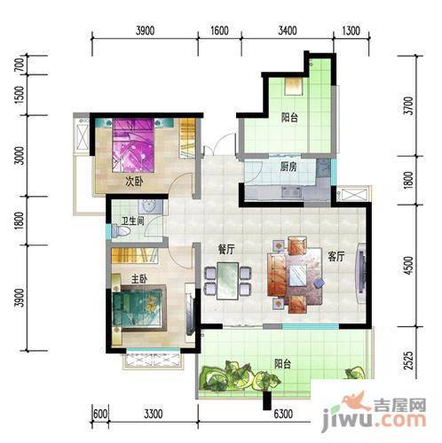 水岸汇景2室2厅1卫88.9㎡户型图